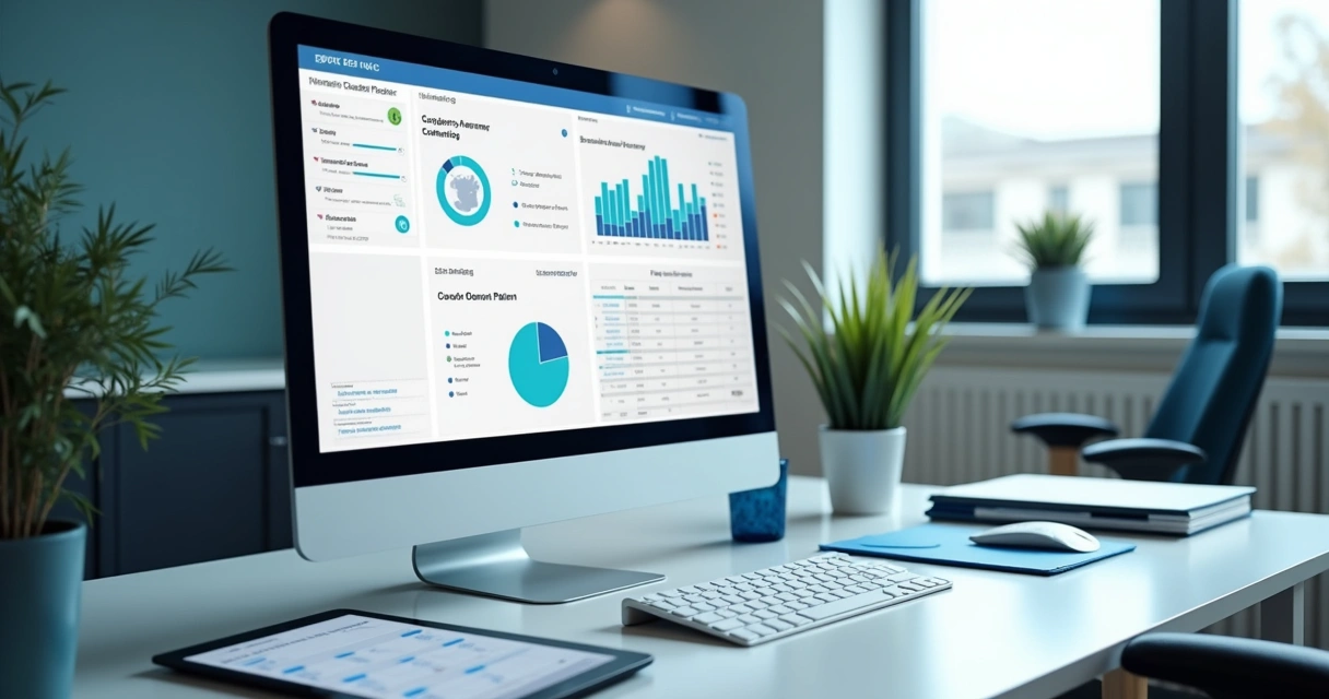 Painel financeiro em tela com gráficos e documentos de clínica