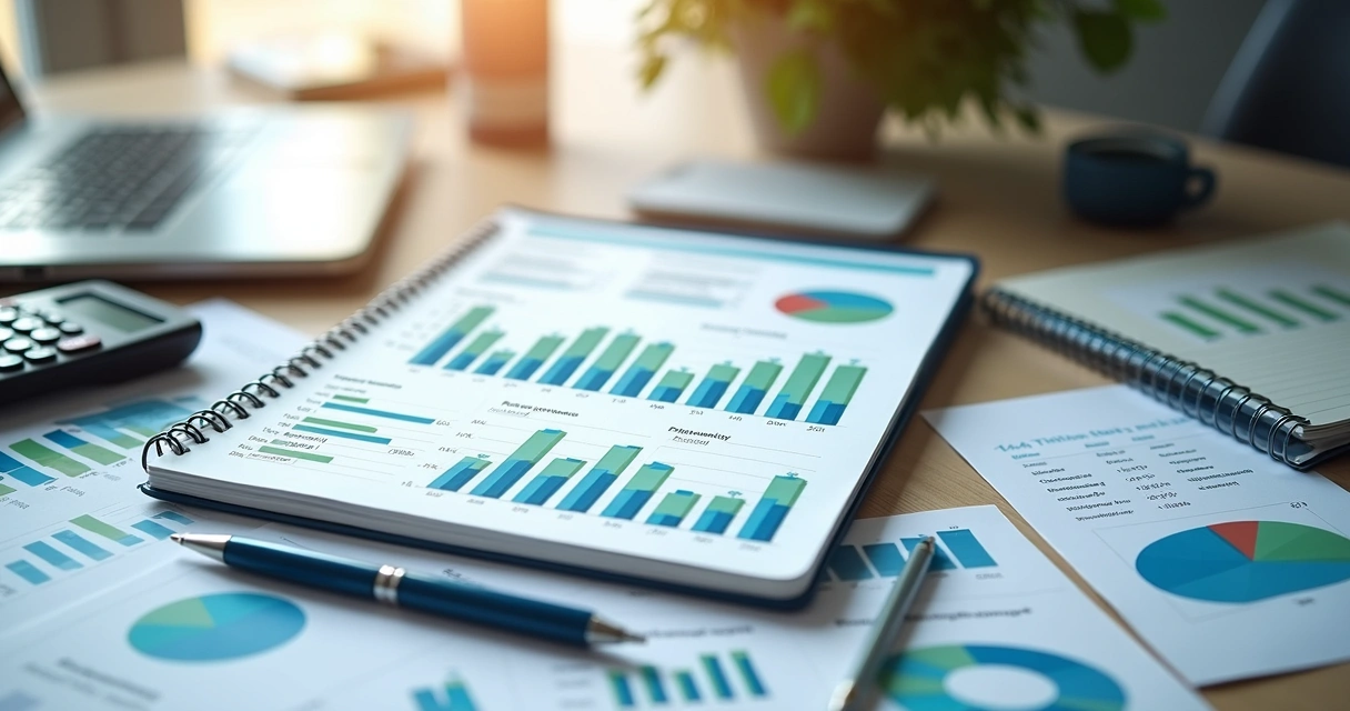 Painel financeiro em notebook com relatórios de clínica e planilhas na mesa