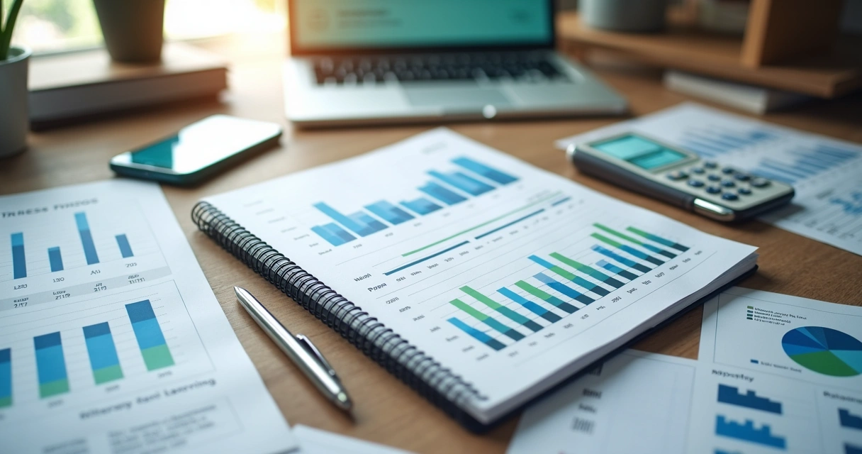 Painel financeiro aberto em notebook ao lado de documentos e calculadora 