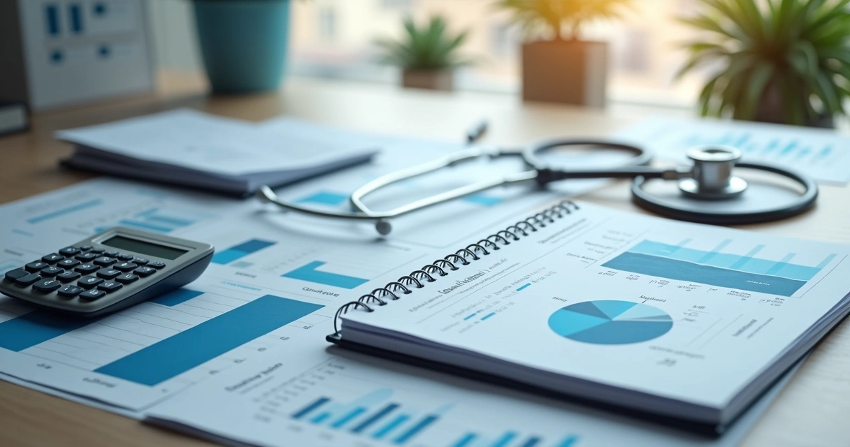 Painel financeiro em notebook com gráficos de clínica 