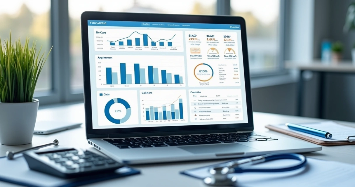 Painel financeiro de clínica em notebook com gráficos e relatórios médicos 