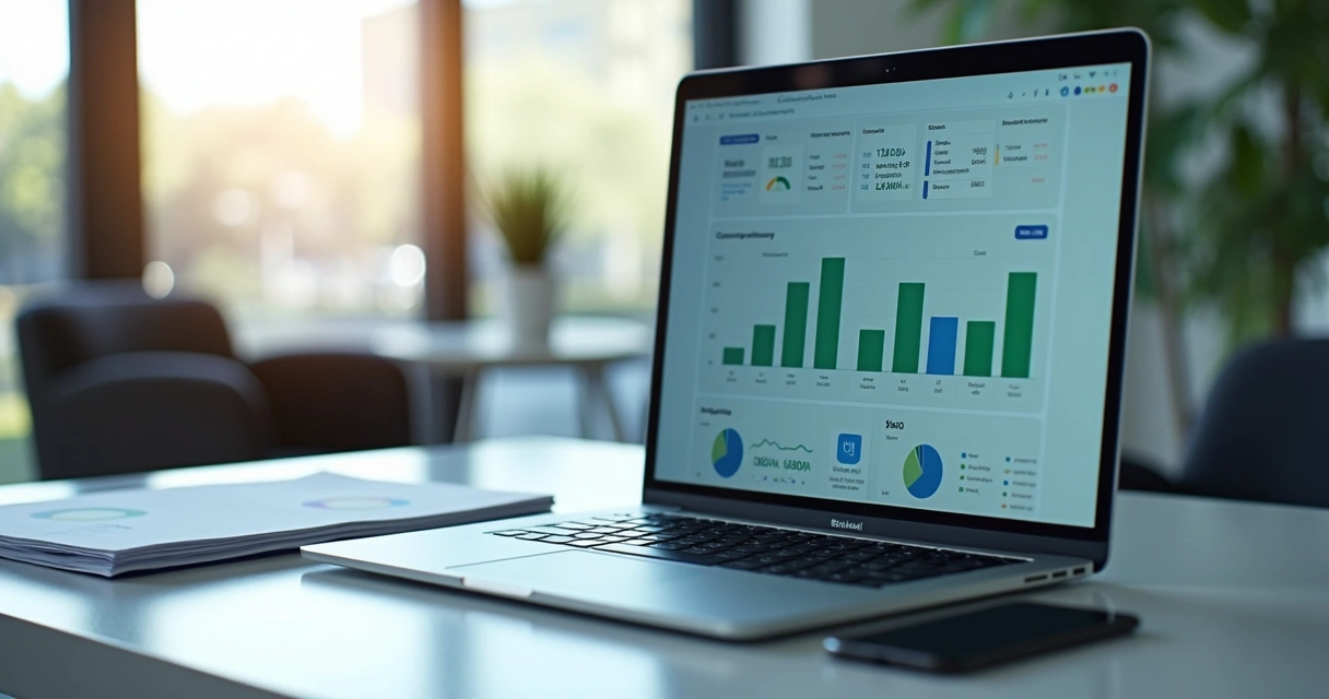 Painel financeiro em notebook com gráficos e relatórios 
