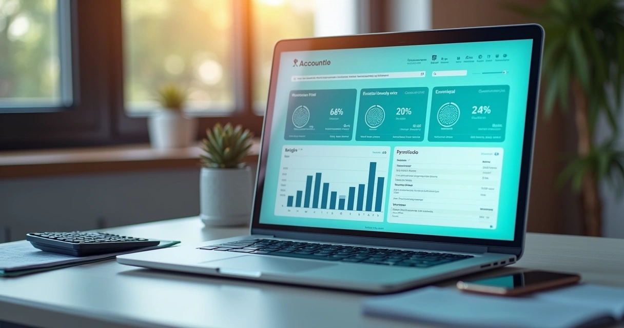 Painel financeiro digital em notebook com gráficos de receitas e despesas 