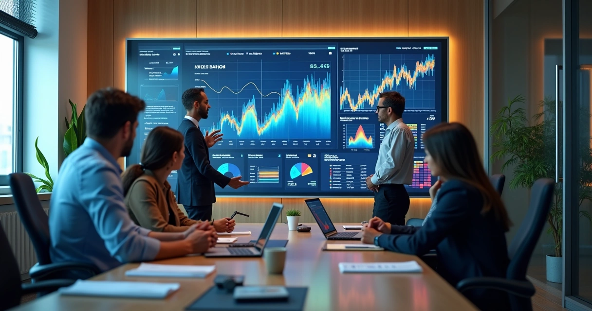 Equipe analisando painel financeiro integrado com bancos 