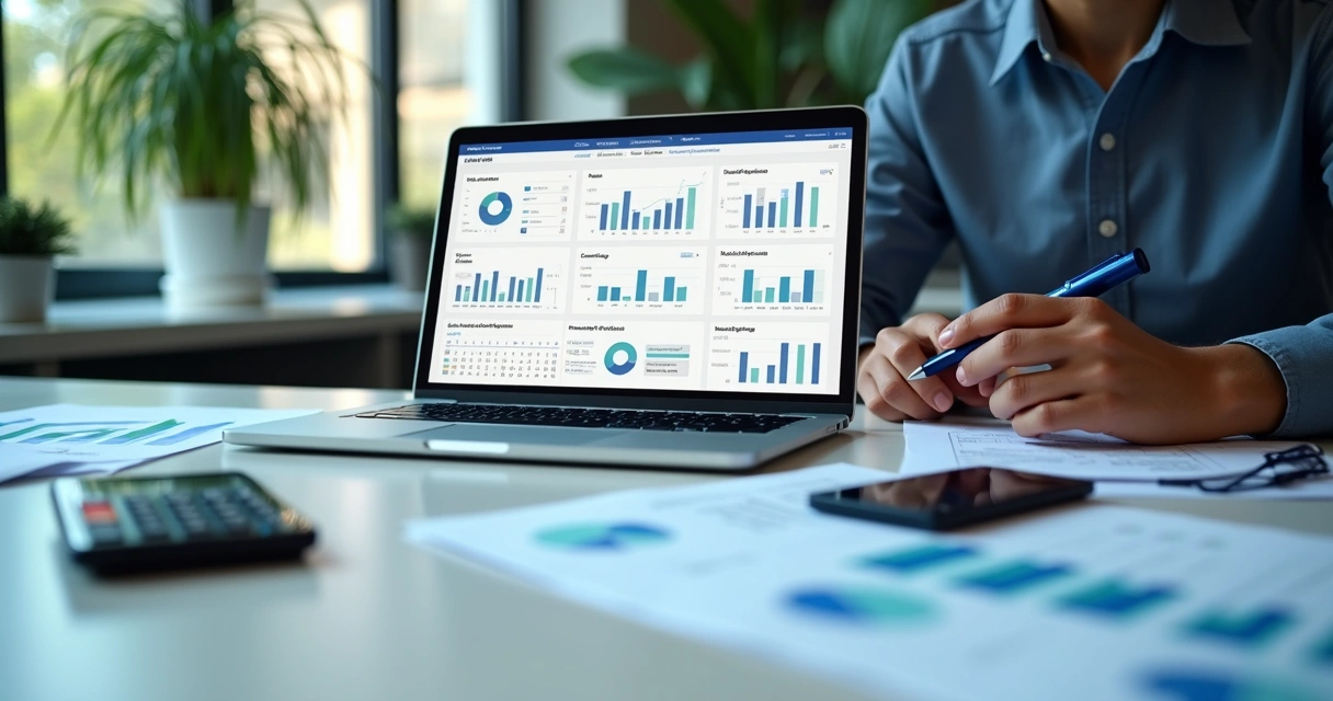 Painel financeiro em notebook com relatórios e fluxo de caixa em mesa de escritório 