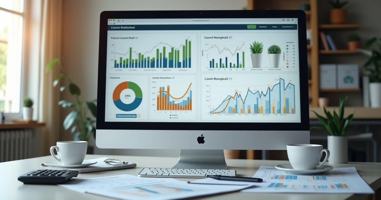 Painel financeiro com gráficos e relatórios sobre mesa de escritório 