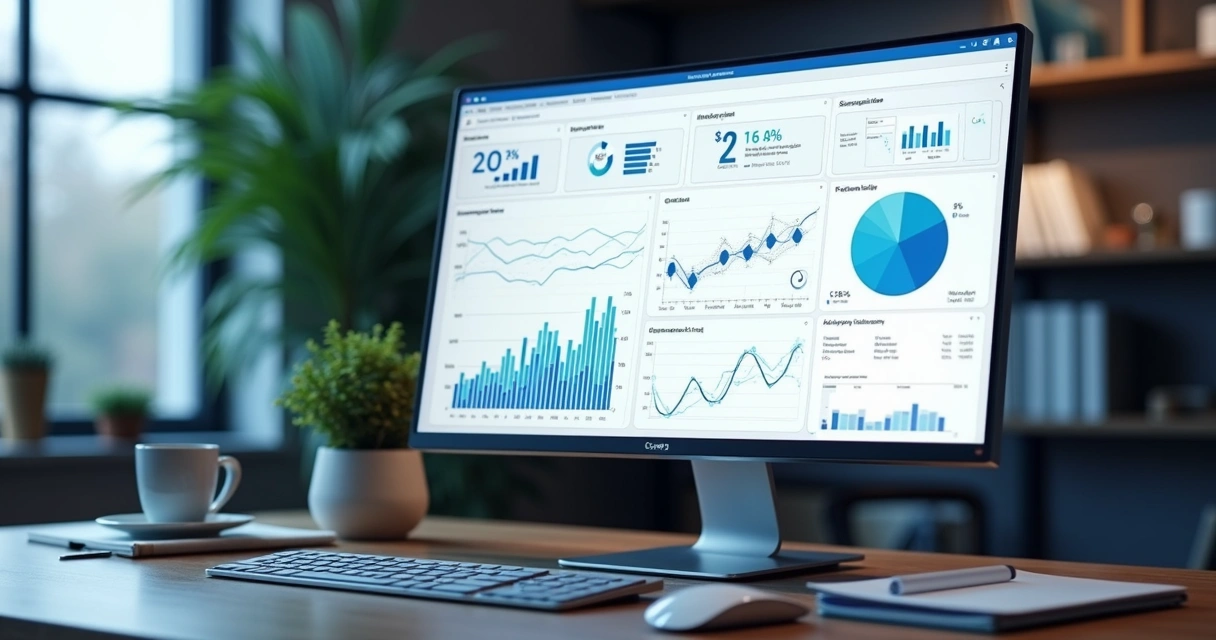 Painel financeiro moderno em monitor com gráficos e indicadores de ERP 