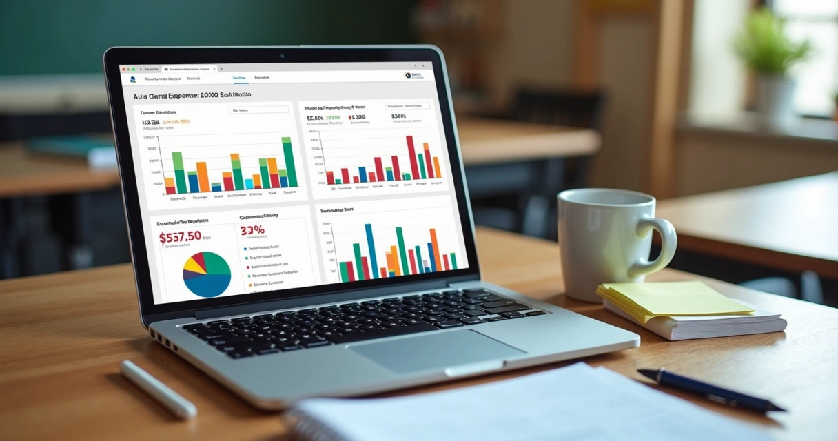 Painel financeiro digital em escola pequena com gráficos e relatórios de entradas e saídas 