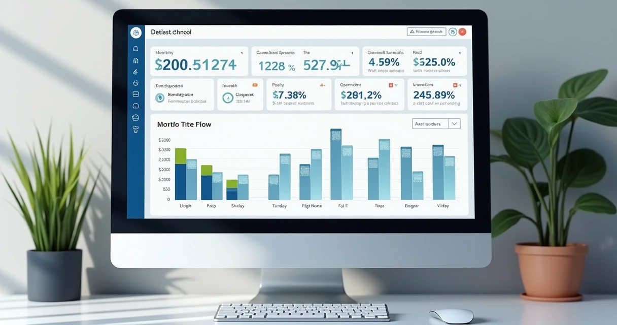 Painel financeiro digital exibindo receitas e despesas em interface limpa 