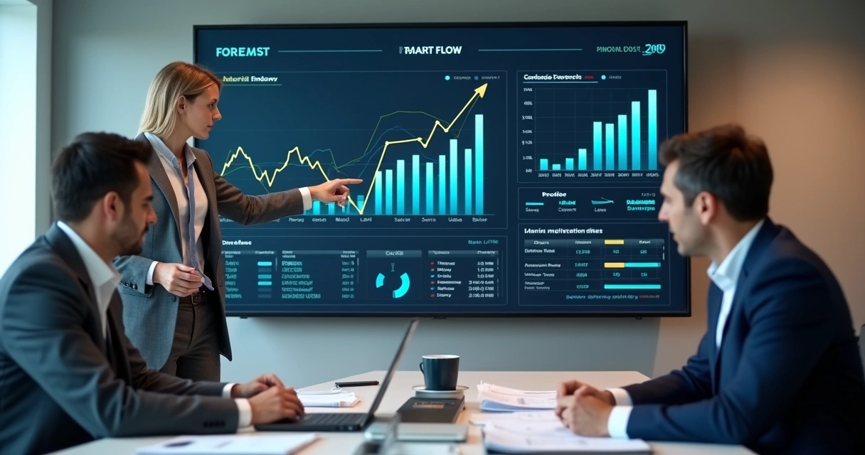 Painel financeiro em tela com executivo em reunião 
