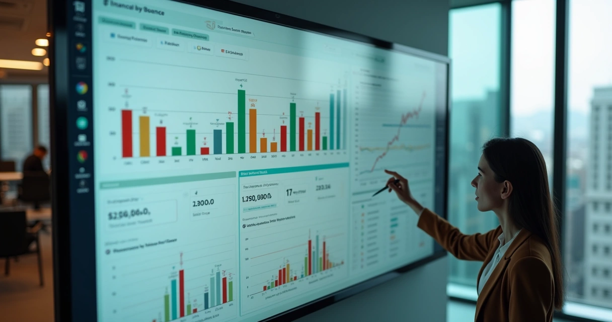 Painel financeiro com gráficos e alertas em tela grande 
