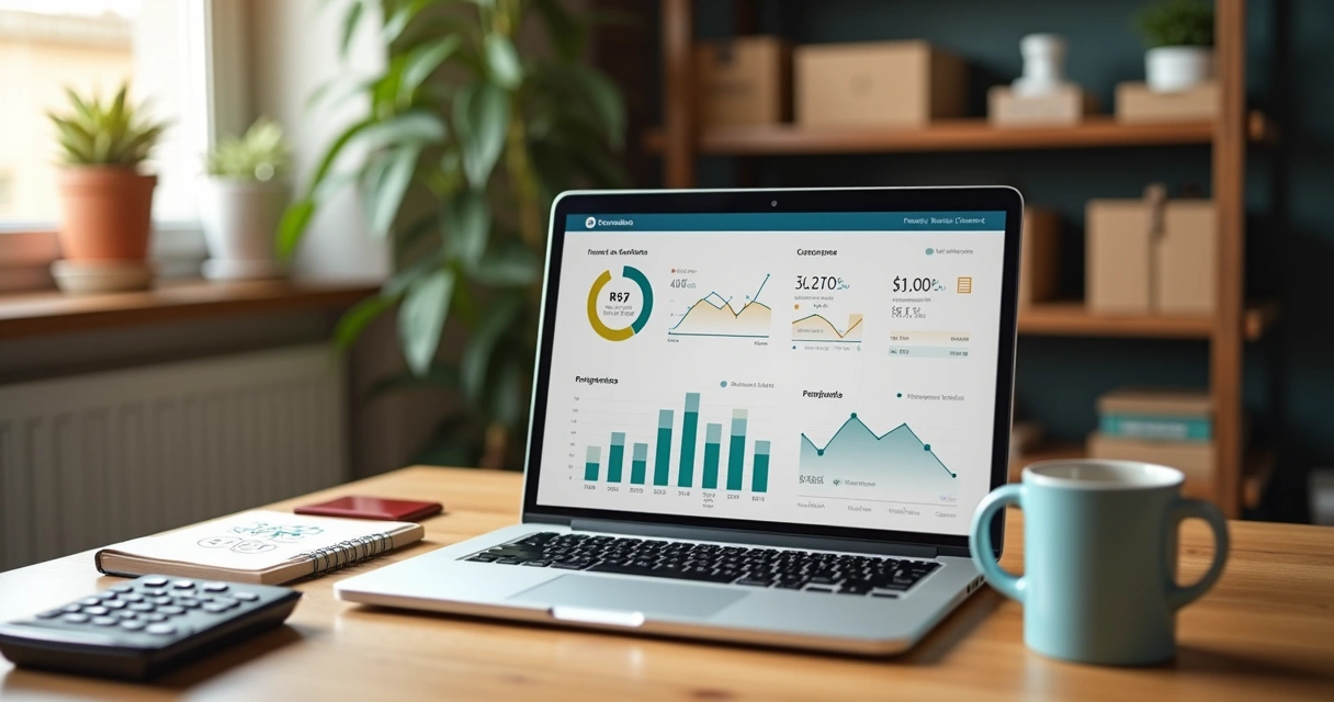 Gestor vendo painel financeiro em laptop 