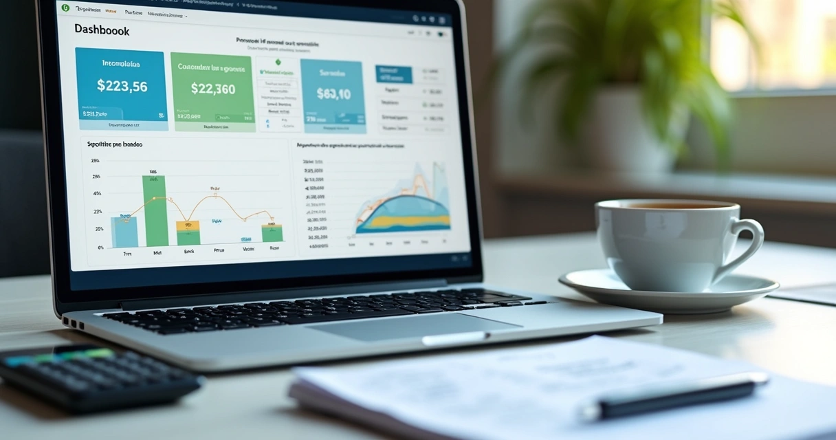 Painel financeiro com gráficos, celular e recibos sobre a mesa