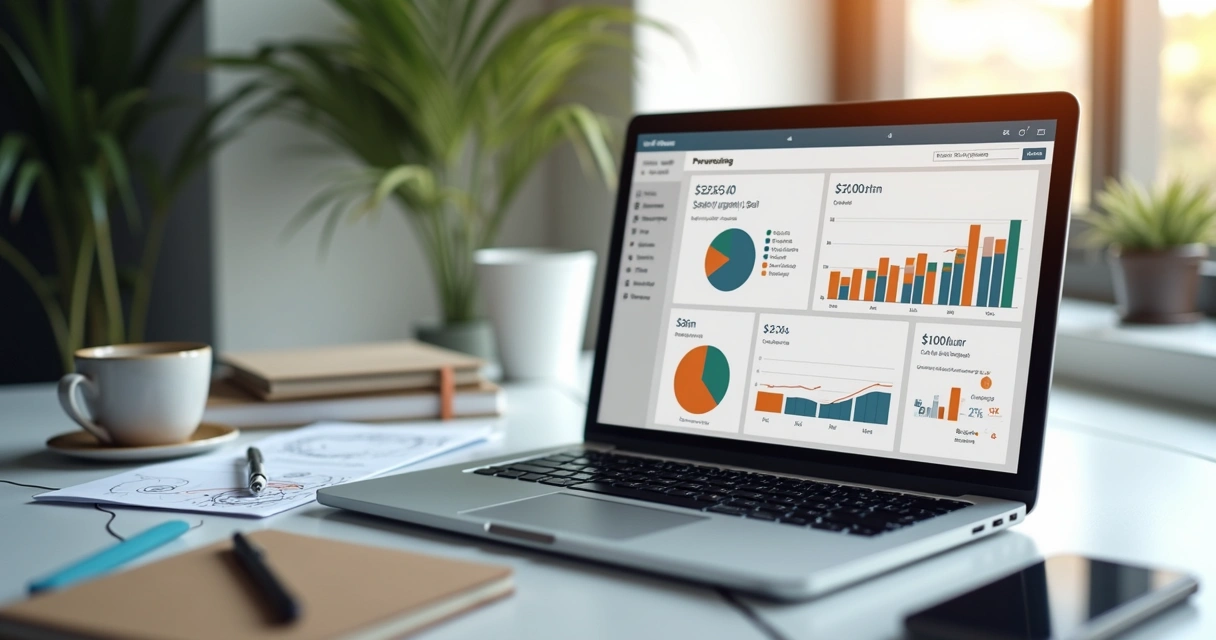 Painel financeiro em notebook com métricas de negócio digital 
