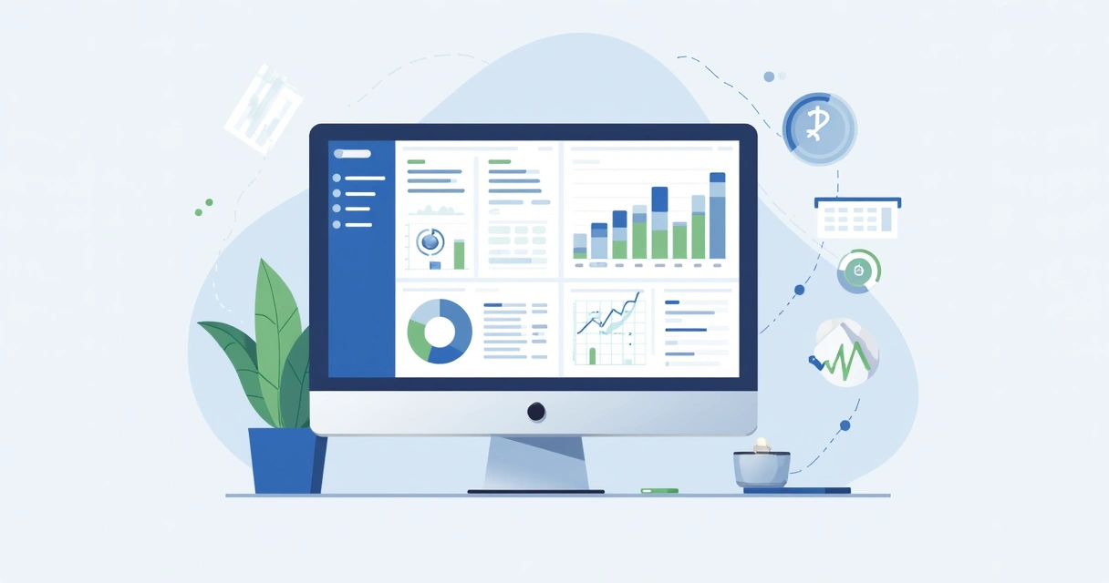 Painel financeiro simplificado no Notion, com gráficos coloridos e dados listados em uma tela de computador 