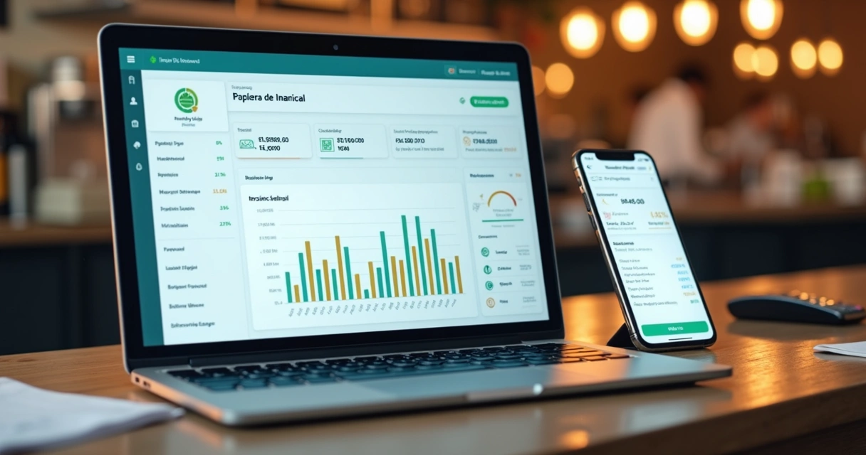 Painel financeiro de restaurante em notebook e celular