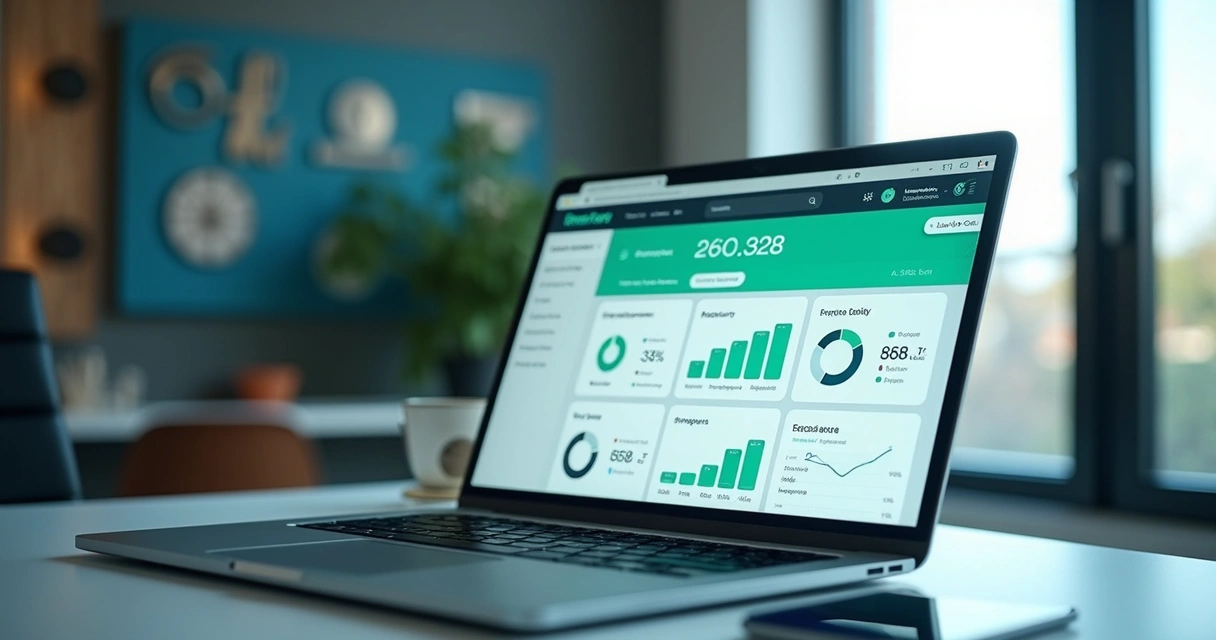 Dashboard financeiro em laptop com gráficos e integrações no-code 