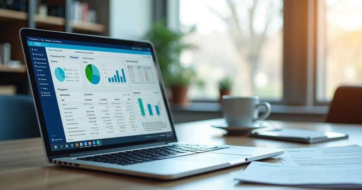 Painel fiscal digital em notebook com gráficos e documentos eletrônicos