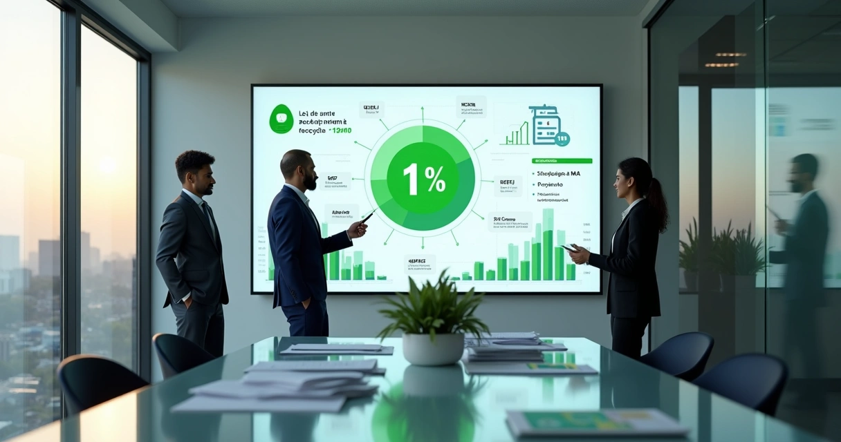 Painel fiscal digital com ícones de reciclagem e impostos em escritório corporativo 