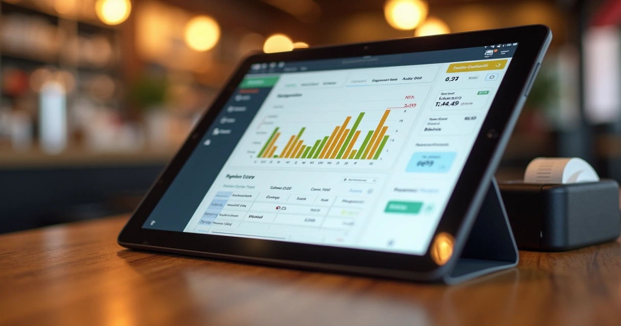 Painel financeiro em tablet com gráficos e lançamentos de caixa