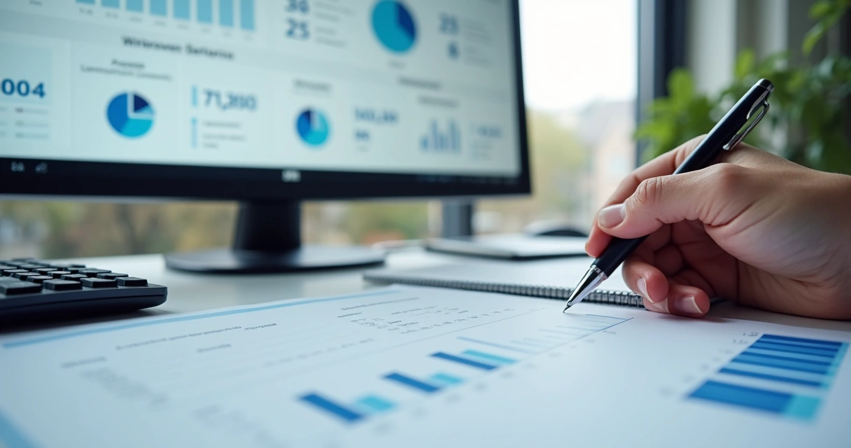 Painel com fluxo de caixa e indicadores financeiros em escritório