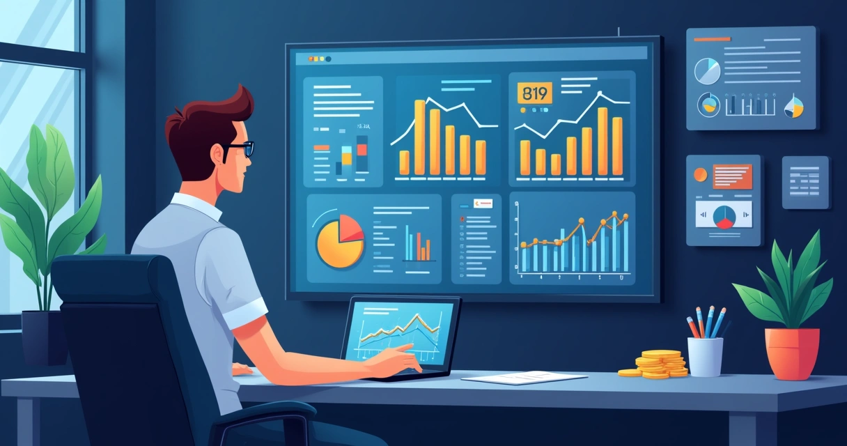 Empreendedor olhando para painel de fluxo de caixa com gráficos e contas 