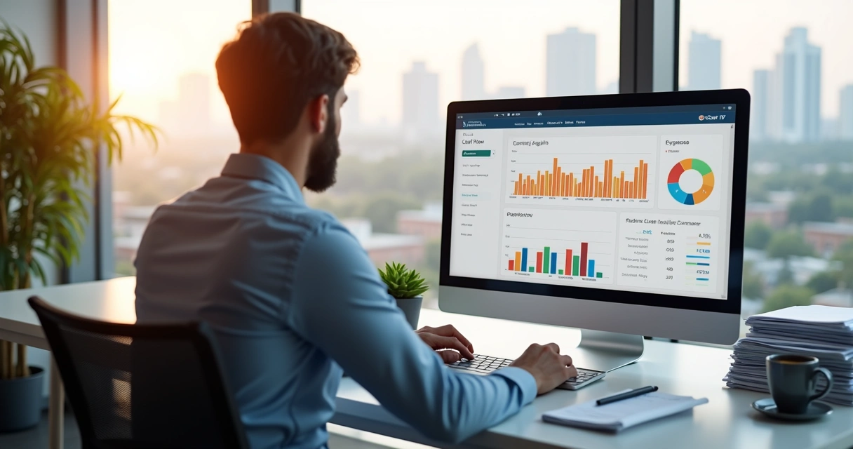 Painel de fluxo de caixa mostrando entradas e saídas em tela de computador