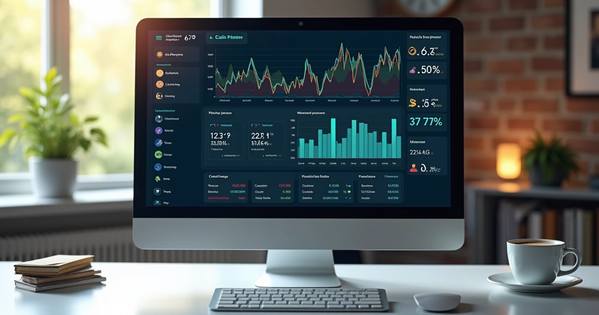 Painel de fluxo de caixa em tempo real em tela de computador 