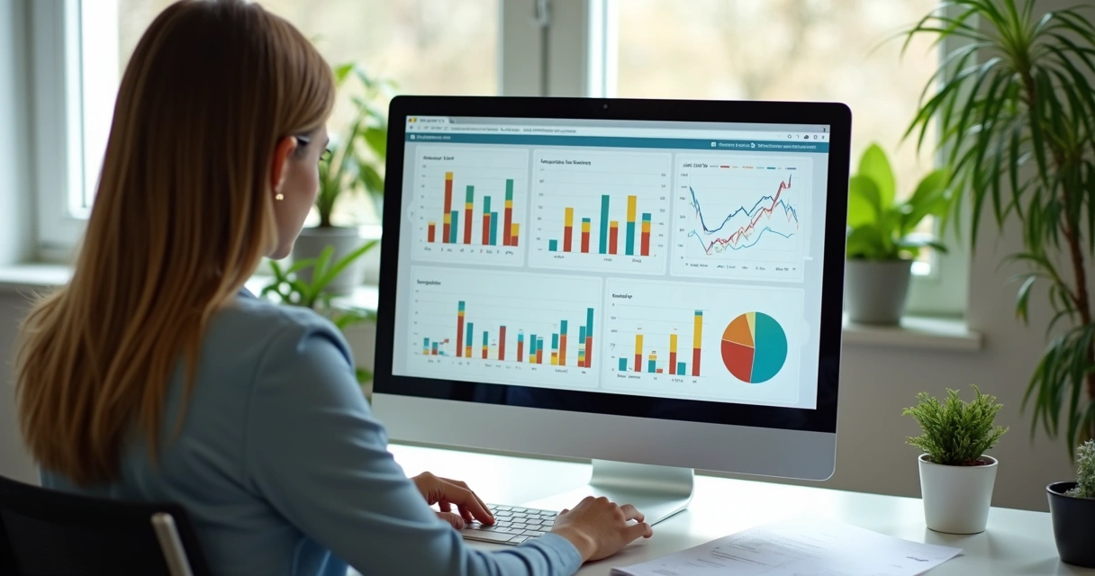 Painel de fluxo de caixa de uma pequena empresa no computador, gráficos coloridos 