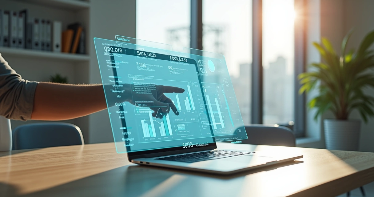 Dashboard financeiro digital com gráficos em holograma sobre mesa de trabalho 