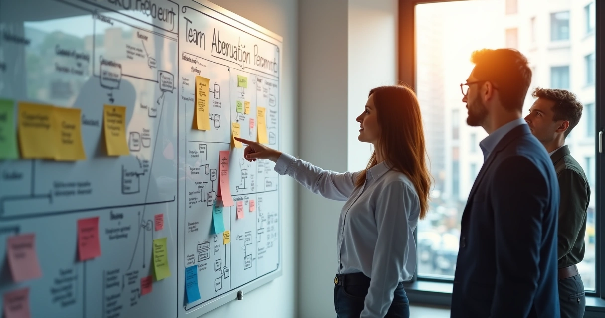 Painel visual com fluxo de decisão e responsabilidades da equipe 