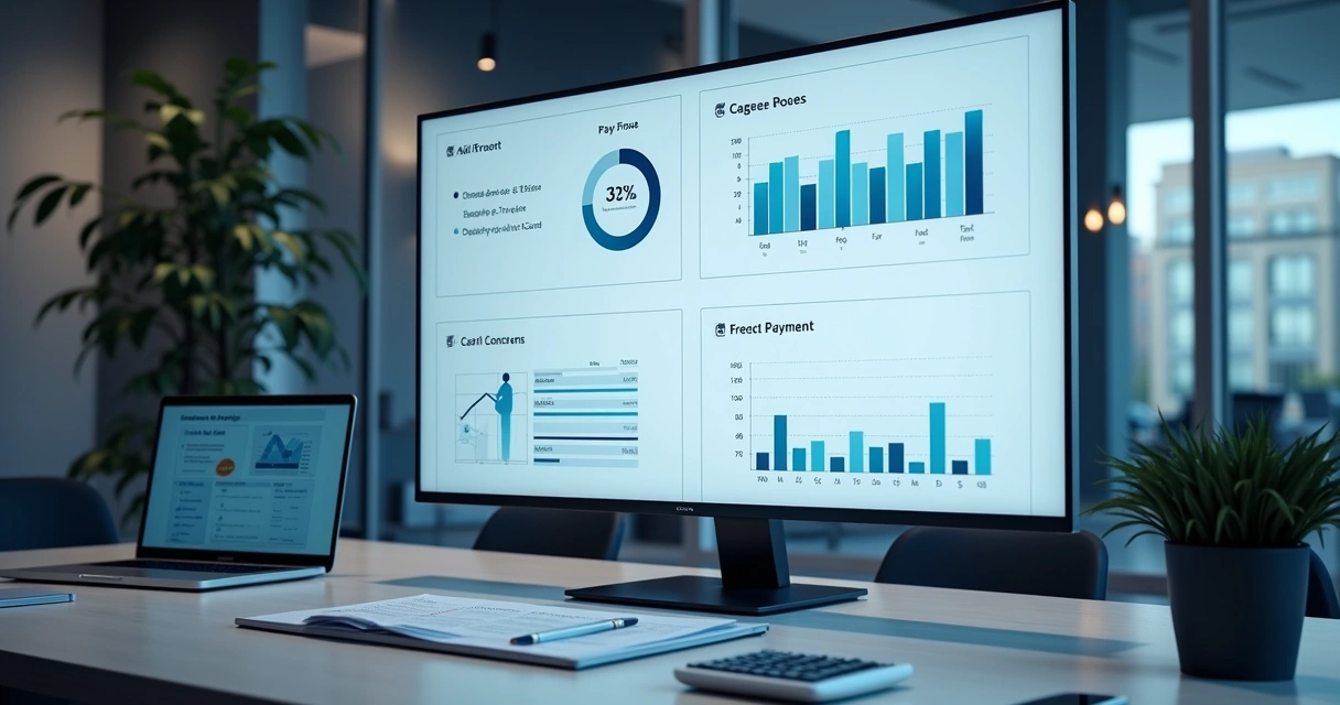 Painel com fluxo financeiro e análise de empresa 