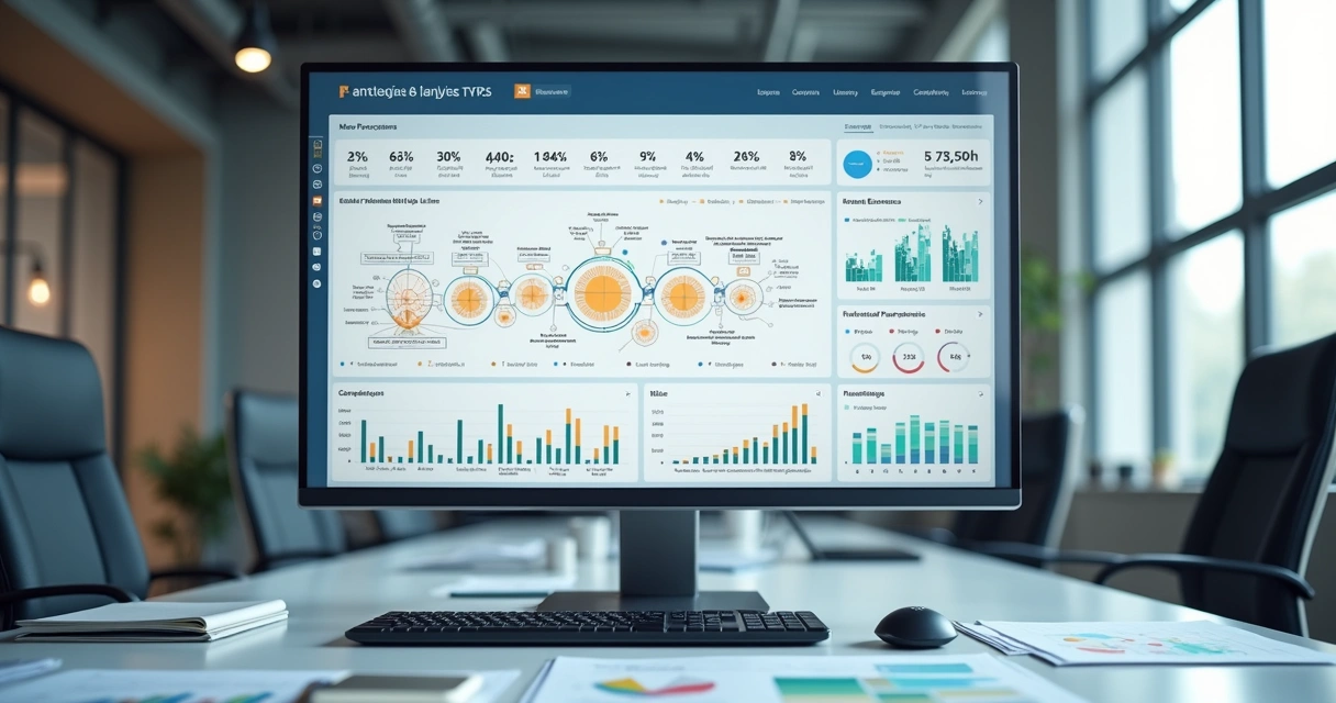 Painel com fluxo de processos e métricas operacionais 
