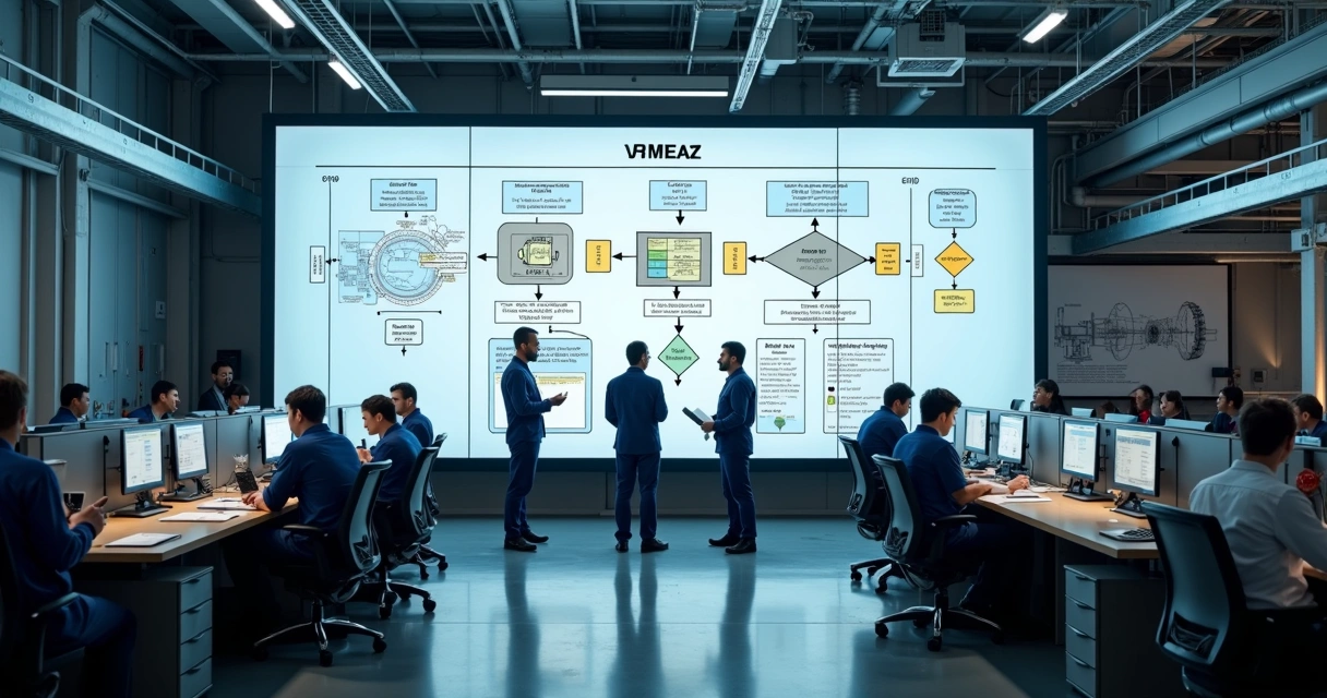 Painel mostrando fluxo da metodologia FMEA em ambiente industrial 