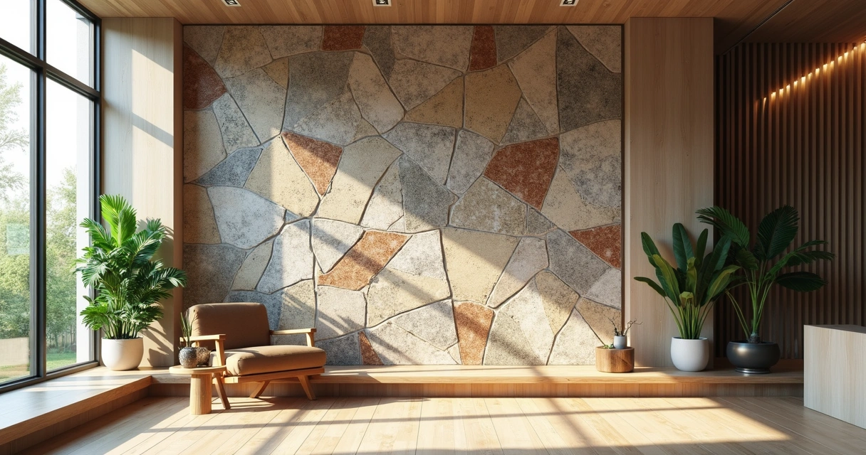 Painel artístico moderno formado de fragmentos de granito polido 