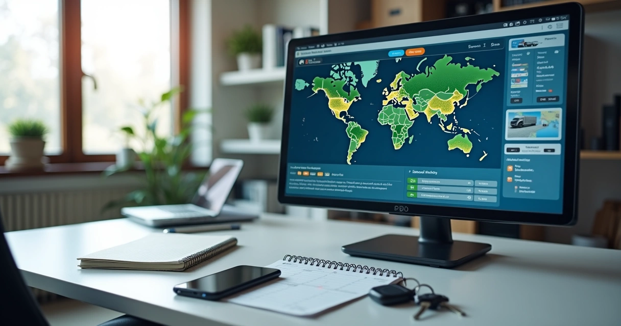 Painel de gestão de frotas em escritório com mapa e indicadores 