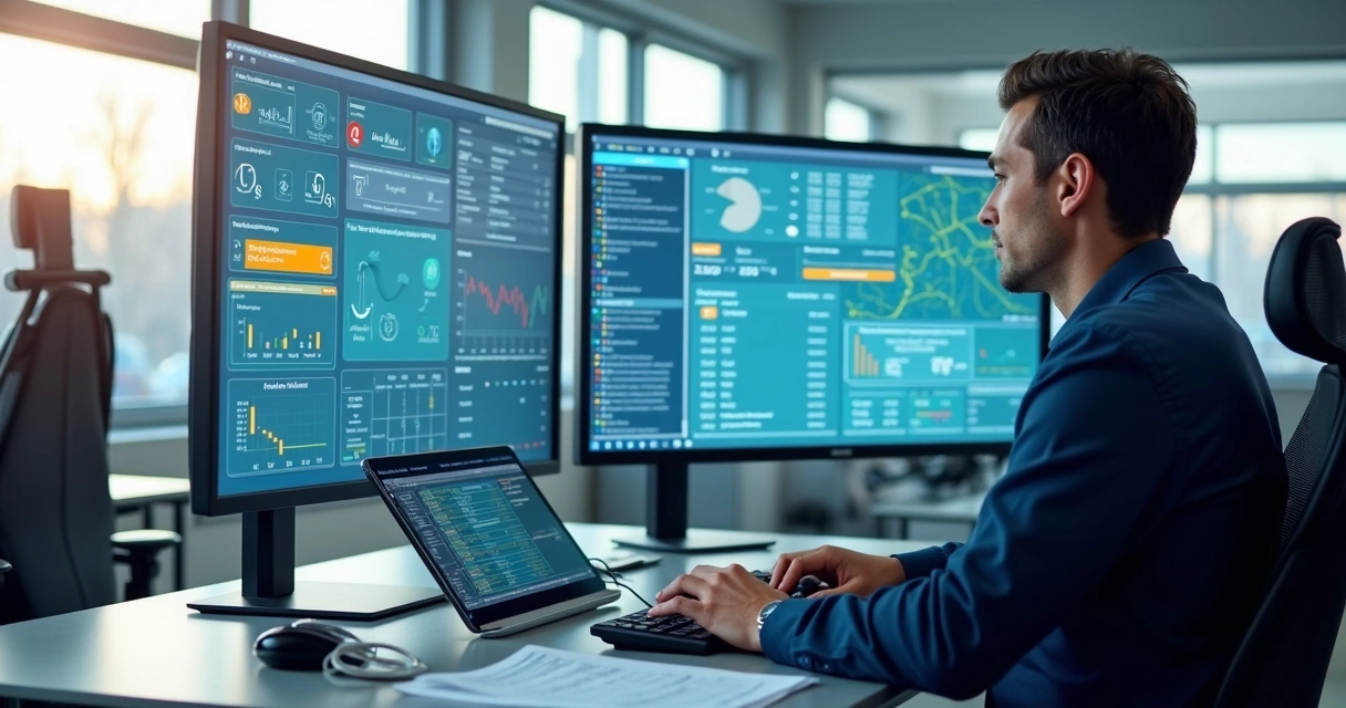 Painel de controle de frota em posto com mapas e indicadores 