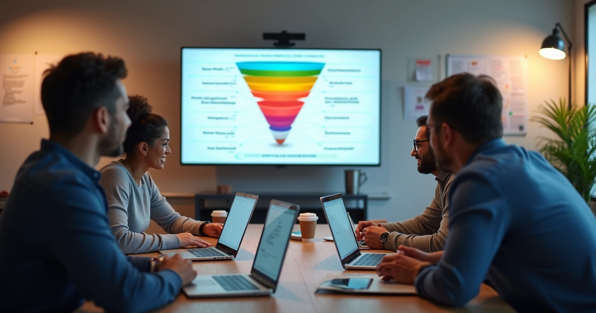 Time de agência analisando funil de vendas digital em painel e notebook