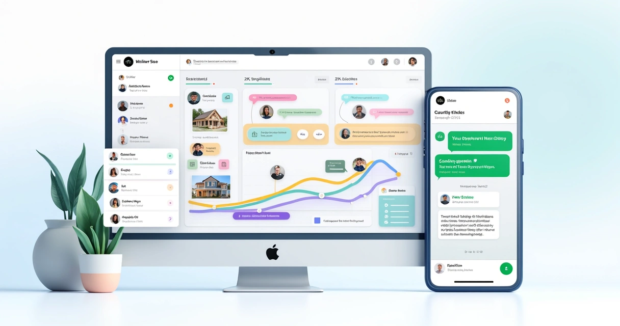 Painel de funil de vendas digital para imobiliária com cards coloridos, fotos de imóveis, avatares de corretores e tela de celular com mensagens