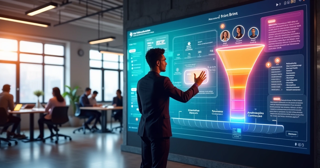 Profissional de RH ajustando funil de recrutamento digital com cards coloridos em painel gigante 