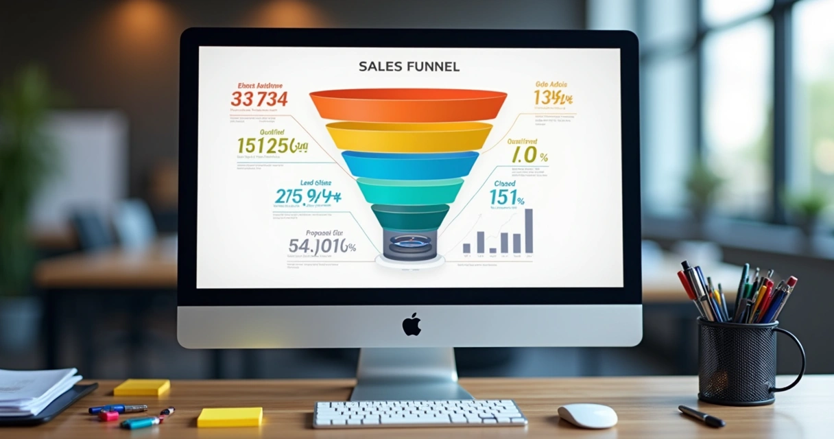 Painel digital mostrando funil de vendas com leads em andamento 