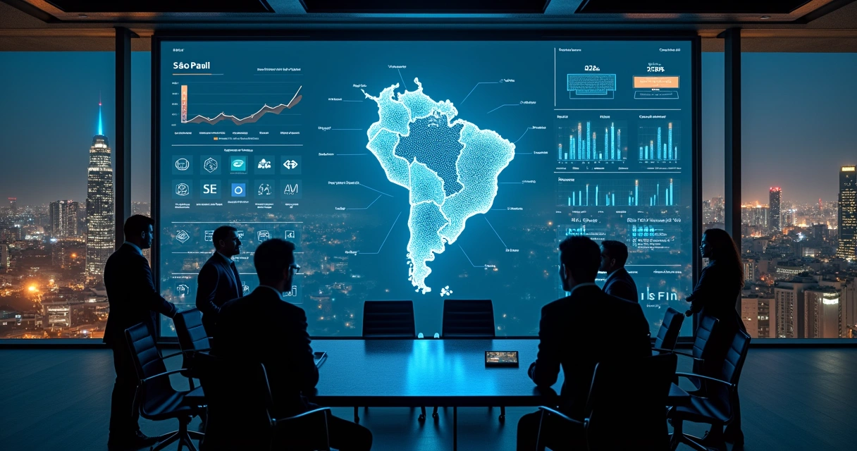 Executivos observam painel digital com mapa do Brasil e gráficos de fusões e aquisições em tecnologia 
