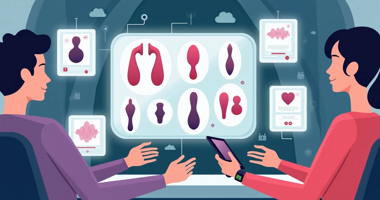 Ilustração de painel futurista mostrando diferentes sex toys tecnológicos conectados 