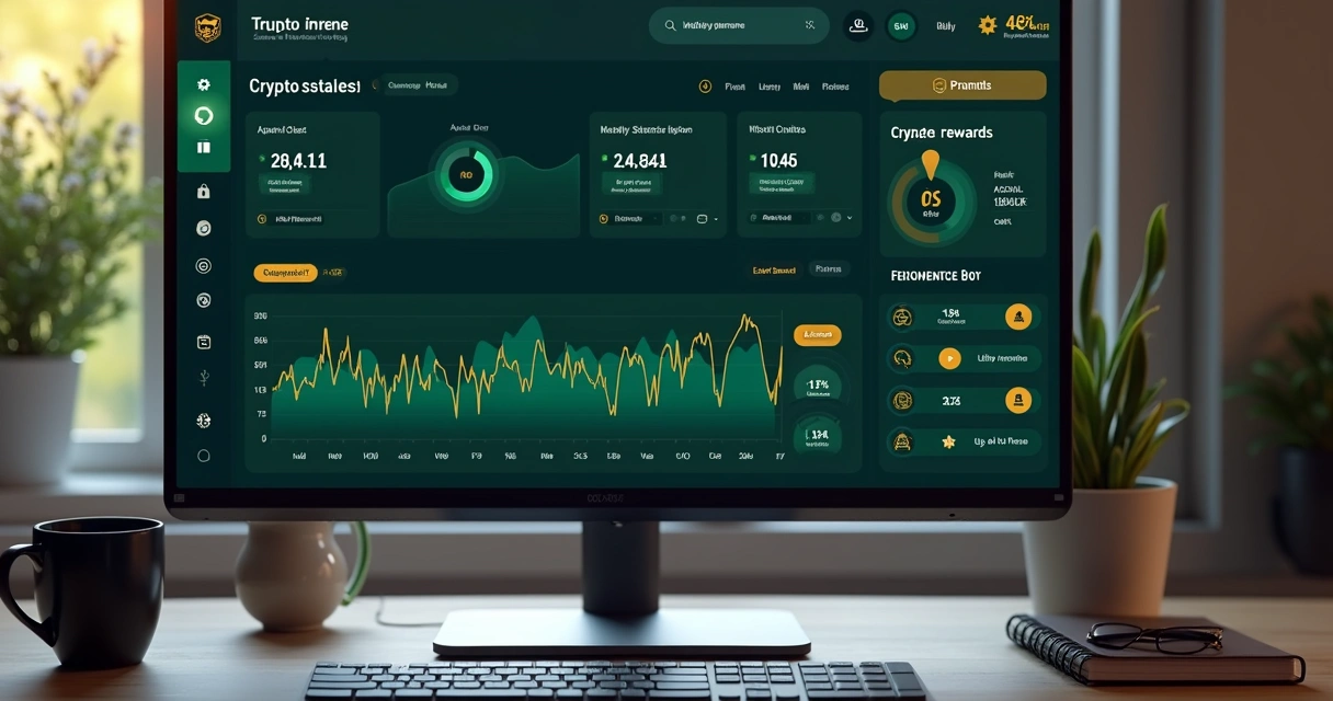 Dashboard de plataforma de bot mostrando ganhos e gráficos de staking