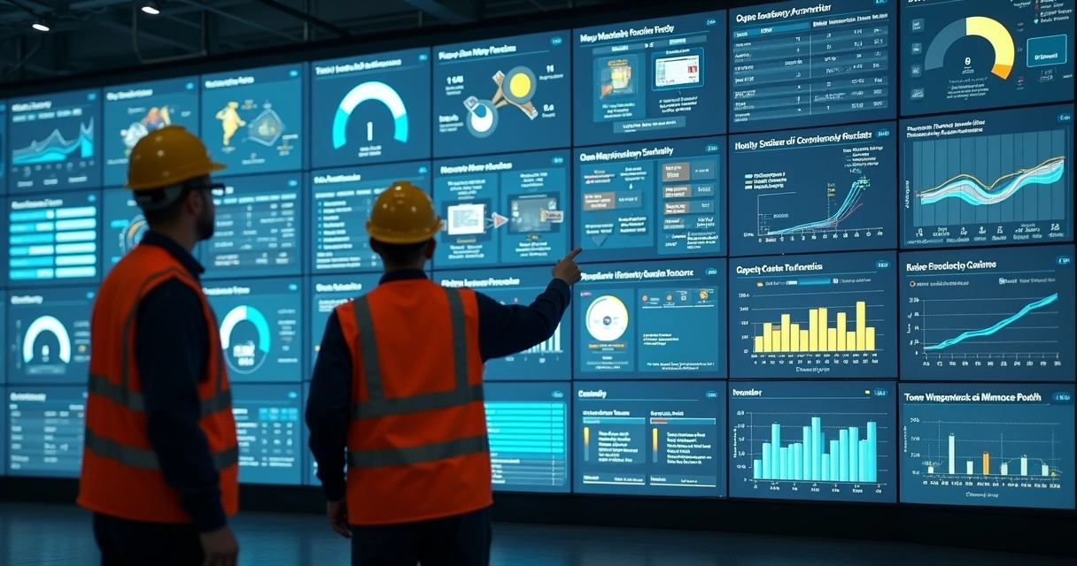 Painel industrial com indicadores de fila e capacidade 