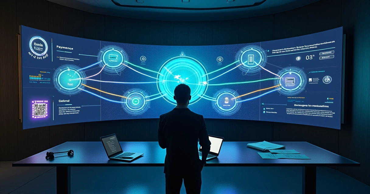 Profissional de negócios diante de painel digital com diferentes ícones de meios de pagamento conectados 