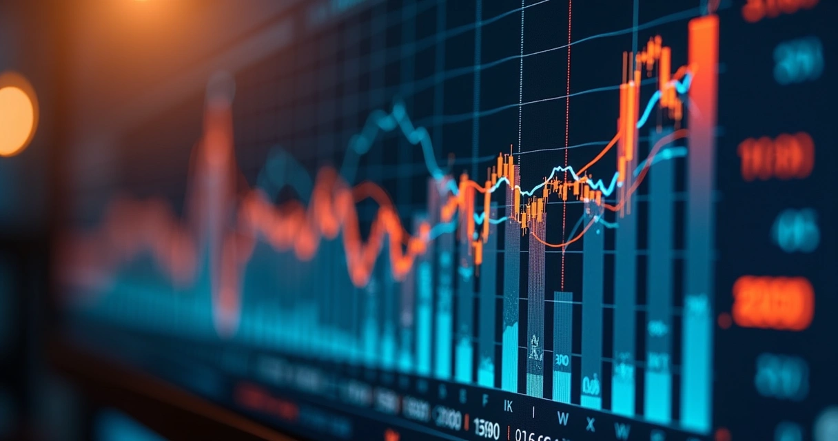 Painel digital mostrando gráficos financeiros e indicadores de risco em algotrading com elementos tecnológicos ao fundo 