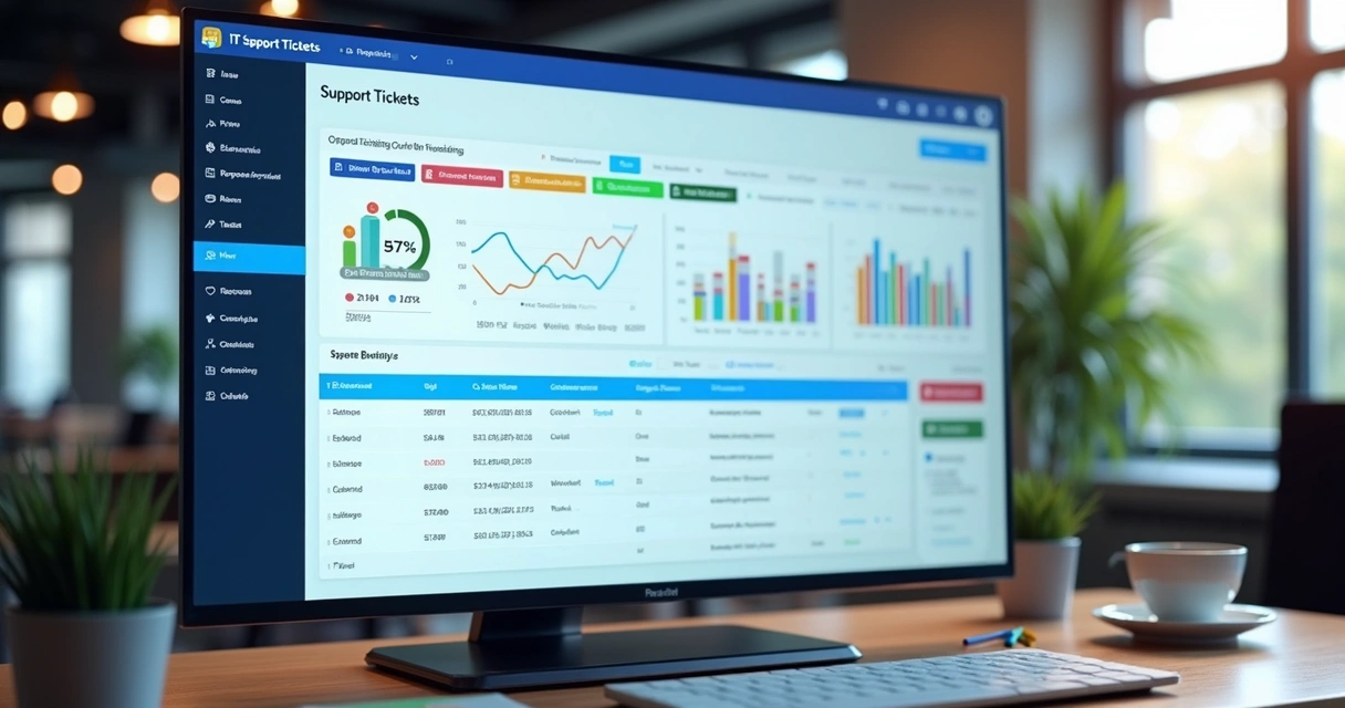 Painel digital de gerenciamento de chamados de TI equipado com gráficos e listas 