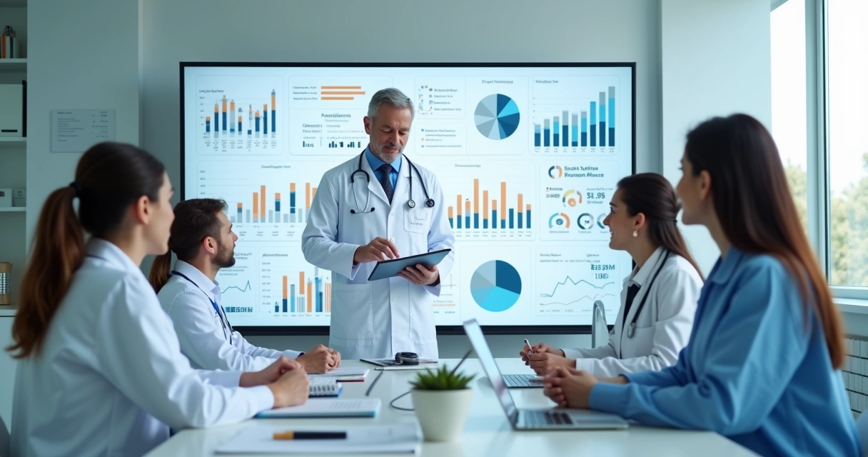 Painel financeiro e equipe em reunião na clínica 