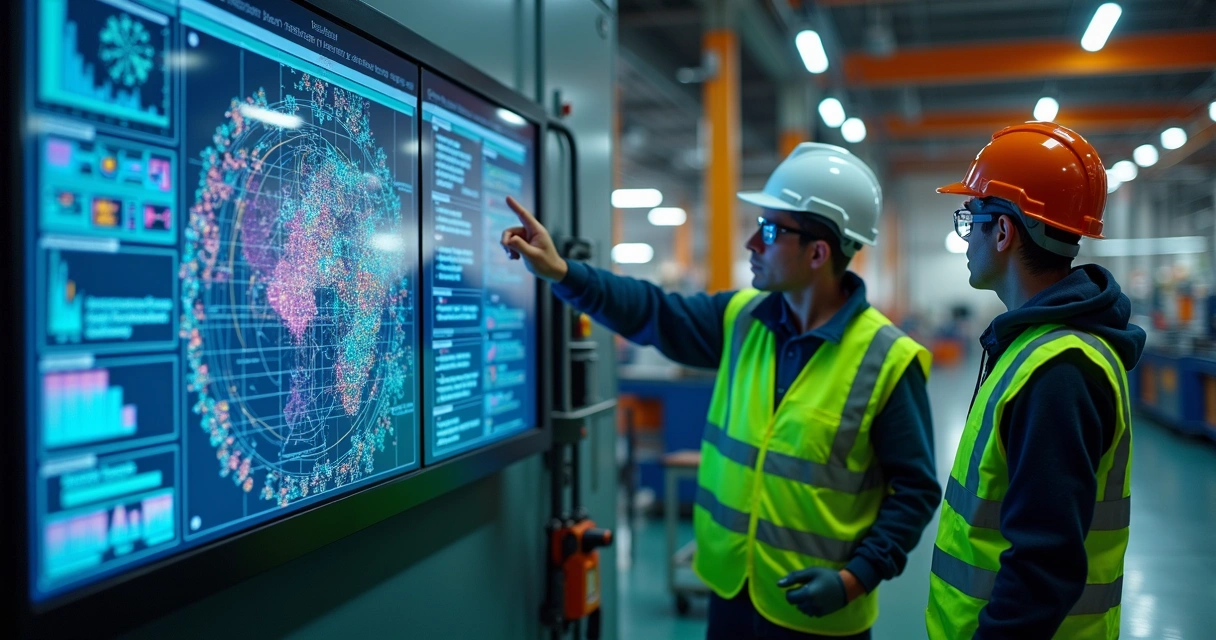 Painel digital exibindo fluxos de gestão do conhecimento no chão de fábrica 